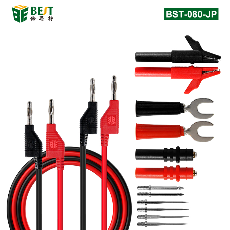 BST-080-JP 組裝式疊插香蕉插頭測(cè)試線(xiàn)14PCS 多功能組合測(cè)試線(xiàn)套裝 香蕉插轉(zhuǎn)U型插片/鱷魚(yú)夾/萬(wàn)用表棒/表筆線(xiàn)細(xì)尖探針 2000V20A大電流
